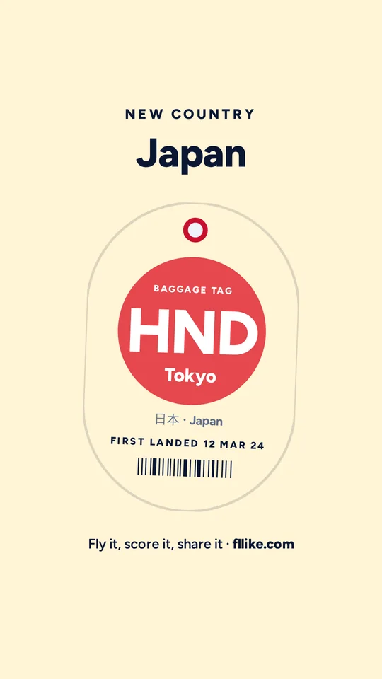 An Instagram Story reading New country: Japan, with the Tokyo HND luggage tag.