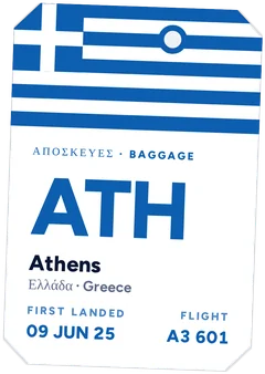 Greece luggage tag: ATH Athens, first landed 9 June 2025